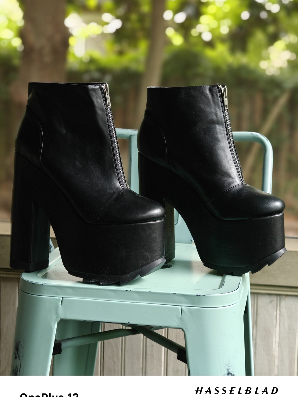 YRU Black High Platform Ankle Boots with Front Zip